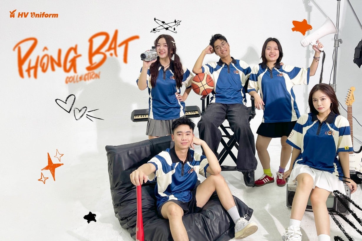 Áo lớp Phông Bạt collection xanh bích phối kem AL604, bố cục Phông Bạt, năm người