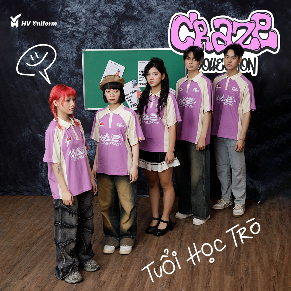 Áo lớp Craze tím phối kem XP AL202, bố cục Craze, năm người đứng