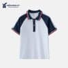 Bộ thể dục raglan viền cổ TDTRH041 màu trắng phối xanh than, viền đỏ, mặt trước áo rời