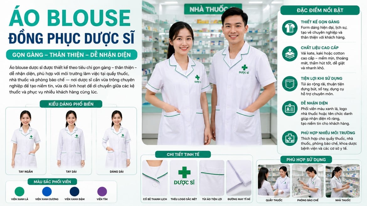 Minh họa áo blouse ngắn tay cho dược sĩ tại nhà thuốc