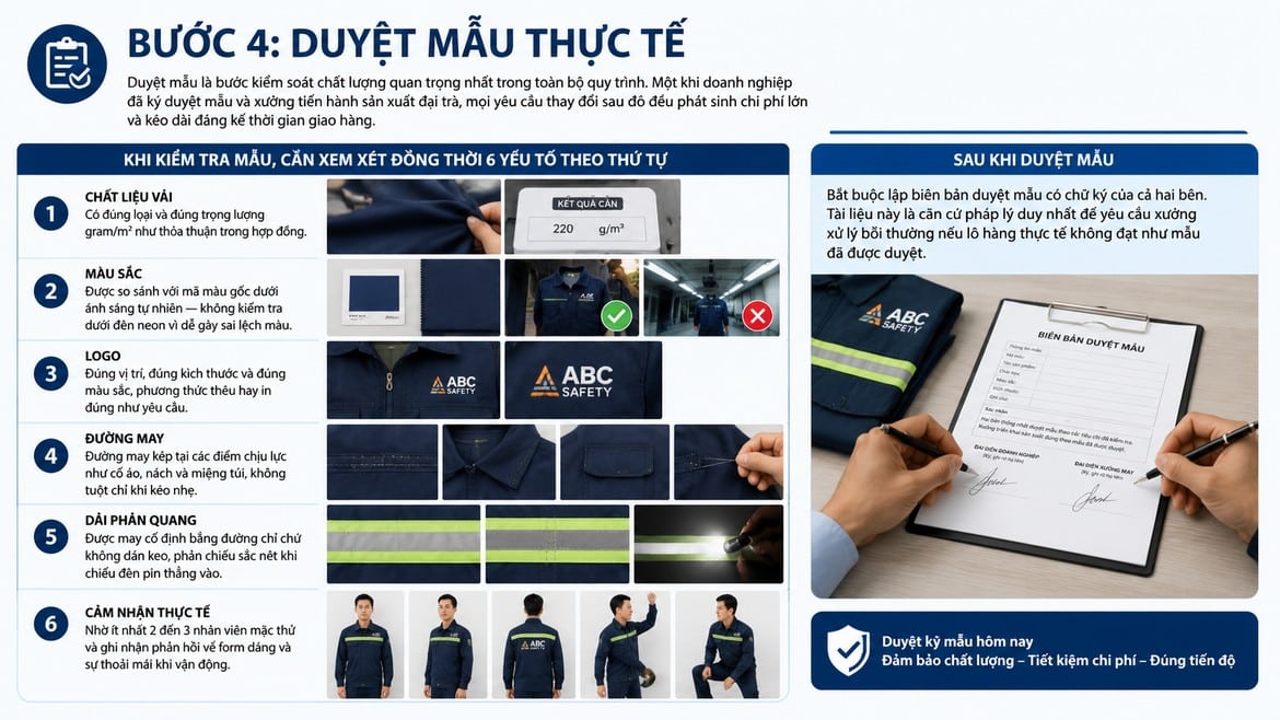 Minh họa bước duyệt mẫu thực tế trước khi may hàng loạt