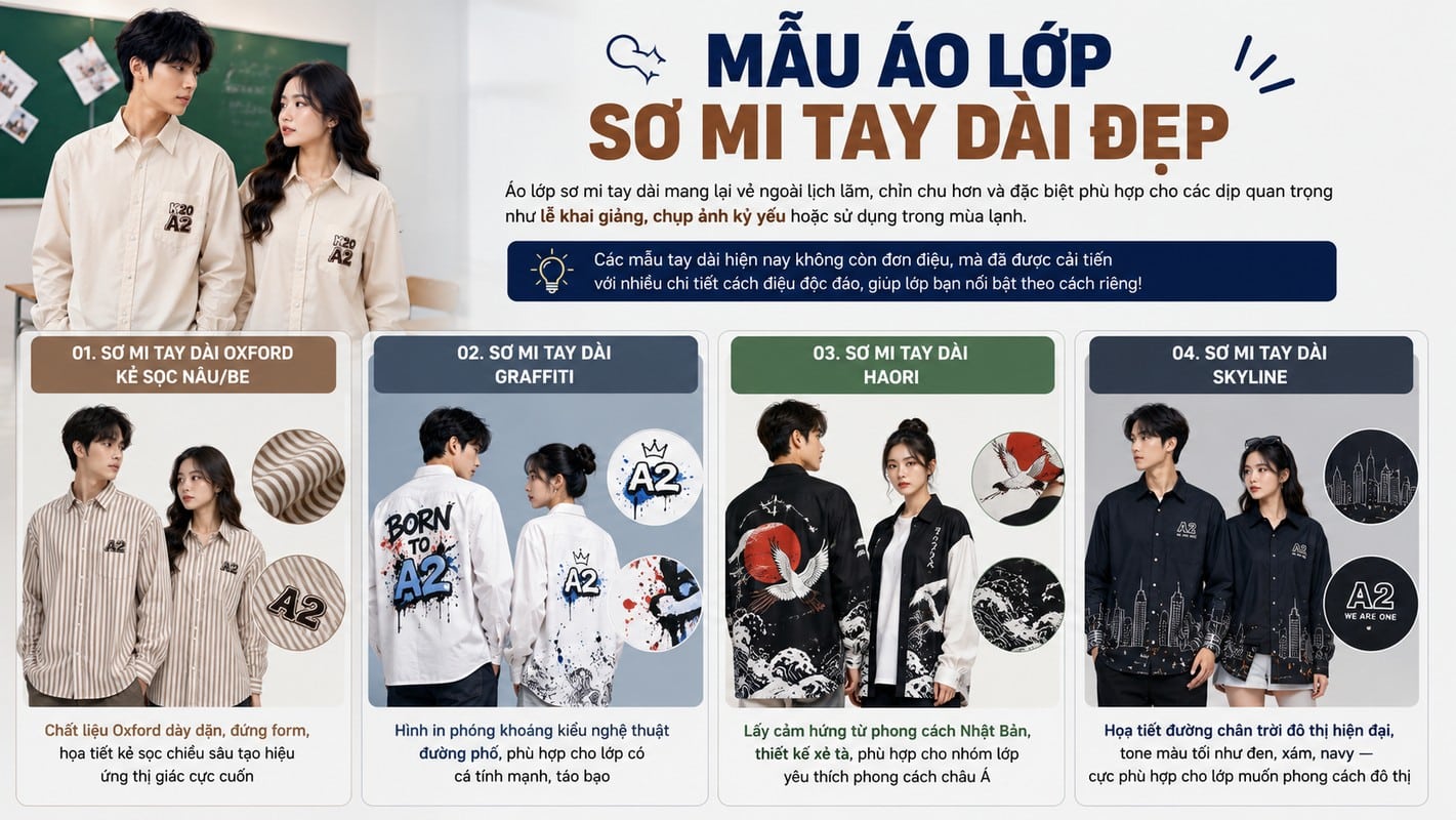 Minh họa các mẫu áo lớp sơ mi tay dài in hình