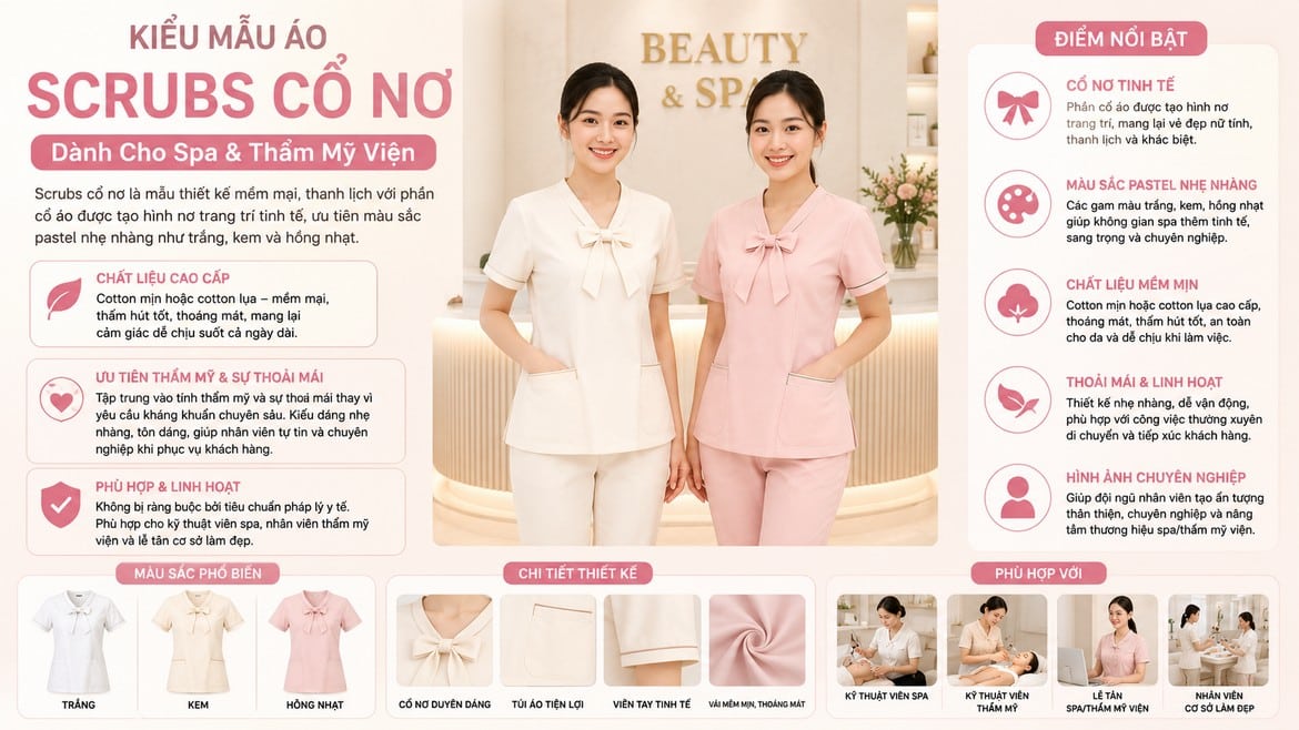 Minh họa bộ scrubs cổ nơ cho spa và thẩm mỹ viện