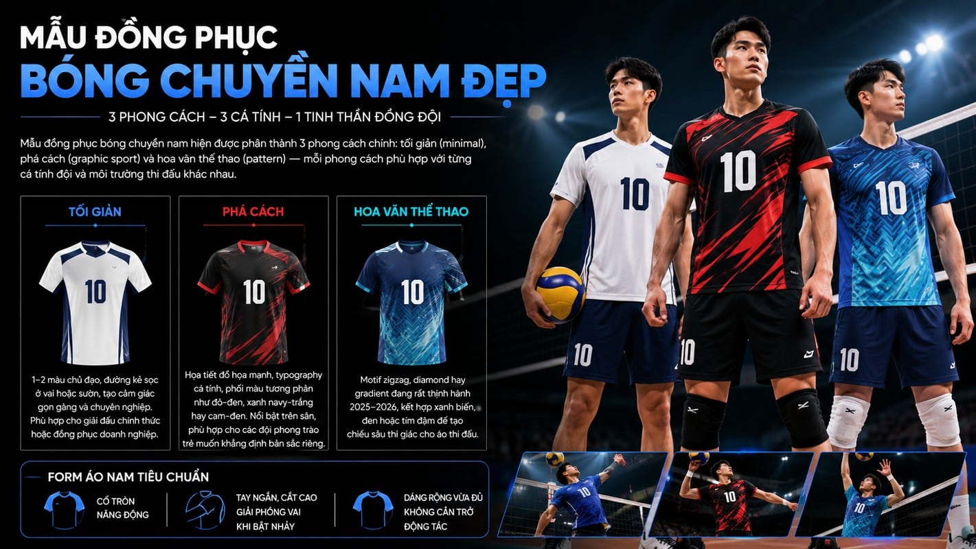 Minh họa áo bóng chuyền nam theo ba phong cách thiết kế
