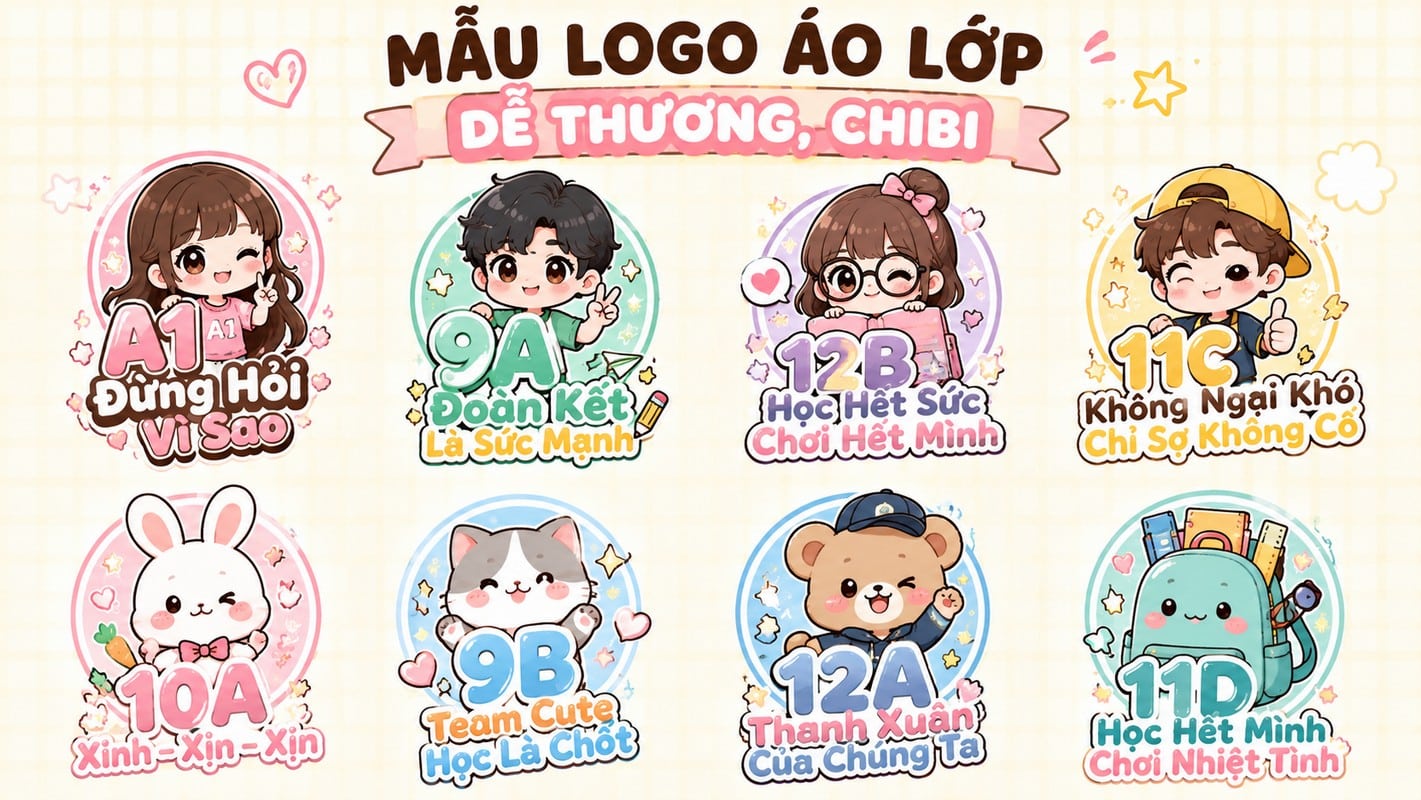 Minh họa logo áo lớp phong cách chibi dễ thương