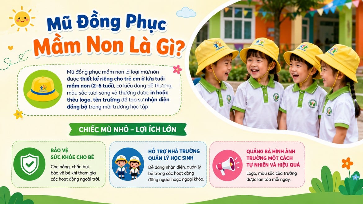Minh họa mũ đồng phục mầm non in logo trường