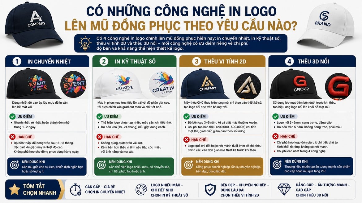 Có Những Công Nghệ In Logo Lên Mũ Đồng Phục Theo Yêu Cầu Nào?