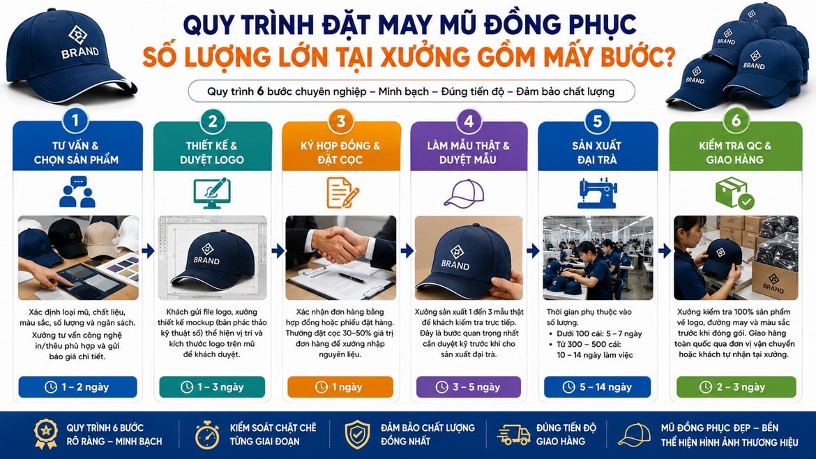 Quy Trình Đặt May Mũ Đồng Phục Số Lượng Lớn Tại Xưởng Gồm Mấy Bước?